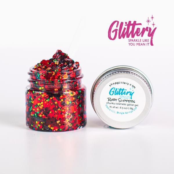 Ruby Slippers | Glittery | Chunky Glitter Gel | Festival glitter .65 oz | Aloe Gel | No craft glitter | No adhesive| For Body, Face, Hair
